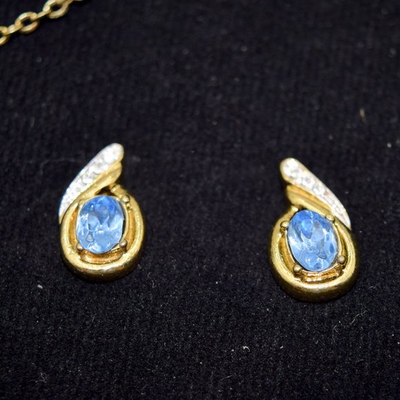 Blue Topaz Crystals Set in Gold Tone Necklace Earrings Bracelet Set Parure - Picture 5 of 6
